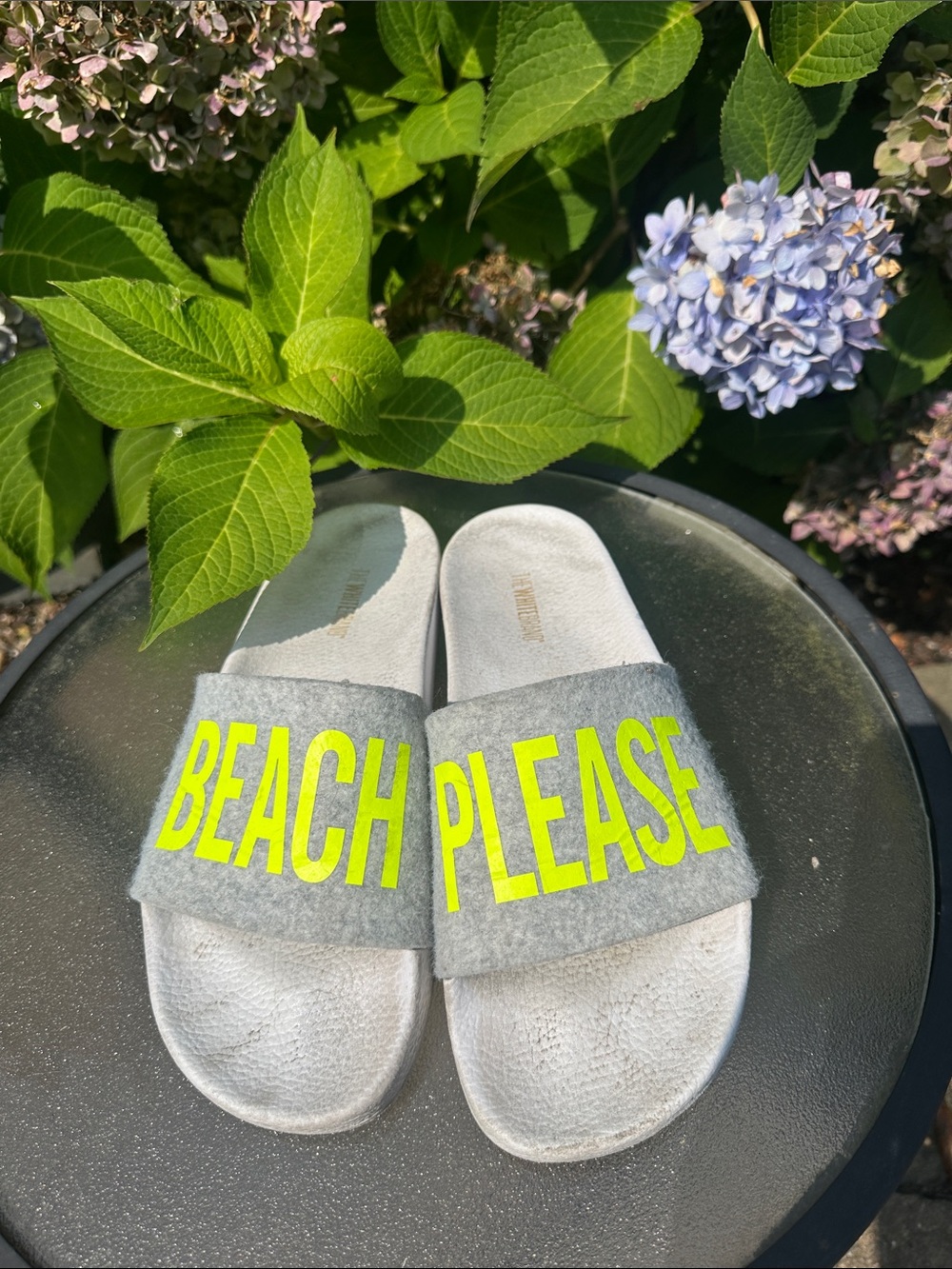 The White Brand Gray Slide Sandals with Neon Yellow "BEACH PLEASE" Text, Size 9